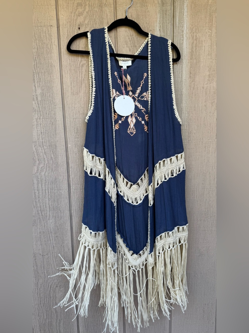 Umgee Navy Blue Boho Embroidered Fringe Dress with Cream Trim